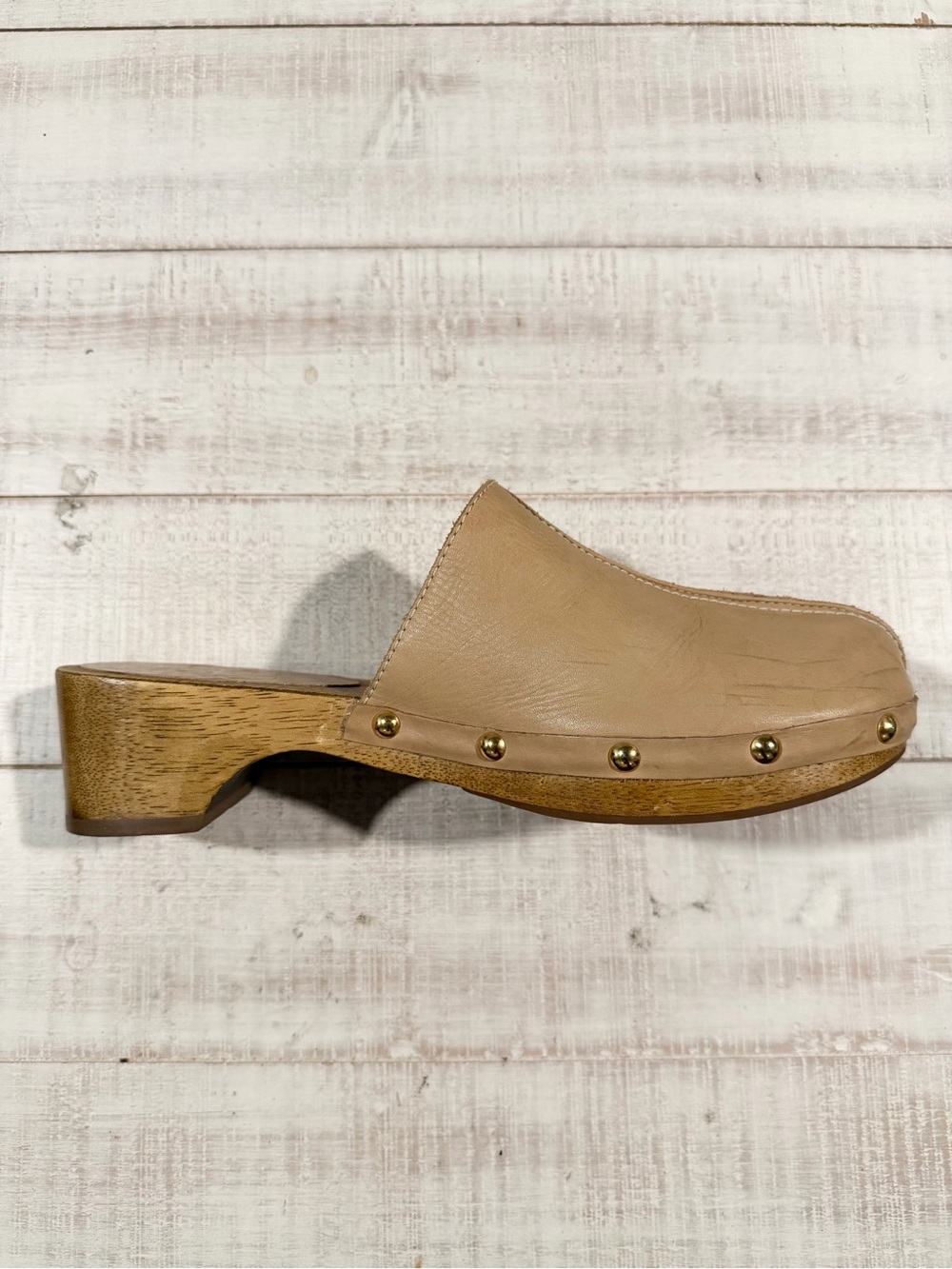 Bird of Flight Brown Leather Wood Sole Clog Mules Size 8.5 Studded Slip On Shoes - Picture 3 of 10